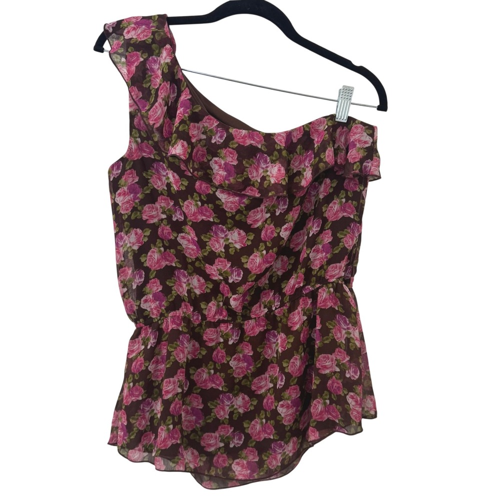 VTG L8ter One Shoulder Floral Rose Ruffle Top M Brown Pink Y2K Coquette Romantic